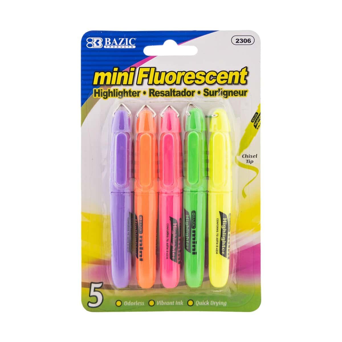 BAZIC Mini Highlighter Pen Assorted Color, Chisel Tip Broad Fine Line Highlighters Unscented (5/Pack), 1-Pack