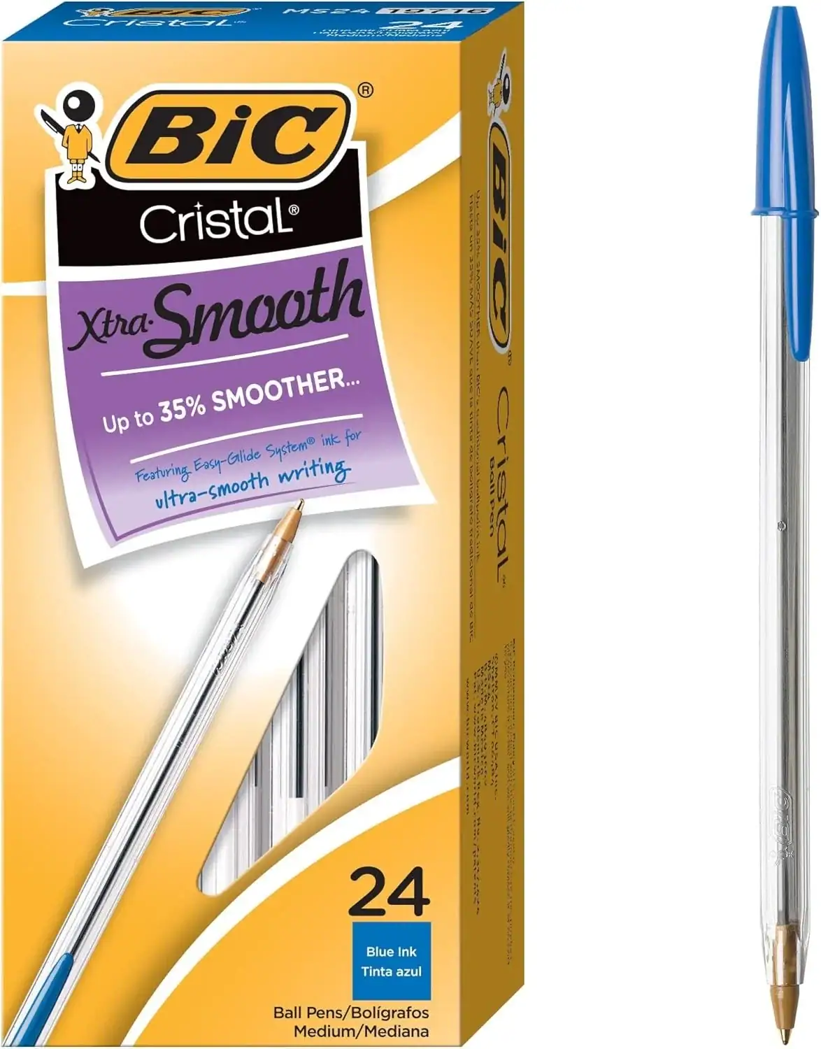 99 BIC Cristal® Xtra Smooth Stic Ball Pens, Blue - 24 Pack - Image 1